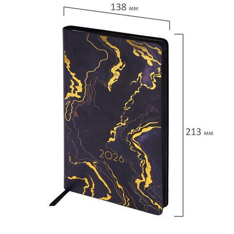 Ежедневник датированный 2026 А5 138x213мм BRAUBERG Vista, под кожу гибкий, Black marble, 117445