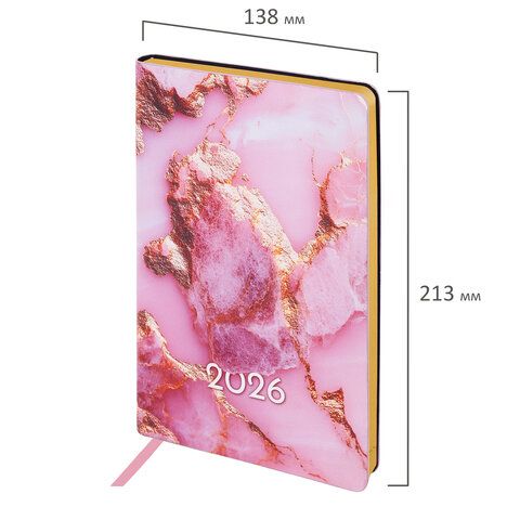 Ежедневник датированный 2026 А5 138x213мм BRAUBERG Vista, под кожу гибкий, Pink marble, 117446