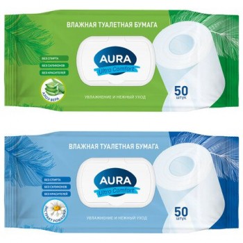 Бумага туалетная влажная 50 шт, AURA 4 шт. Ultra Comfort с пластиковым клапаном, ш/к 20247, 8027