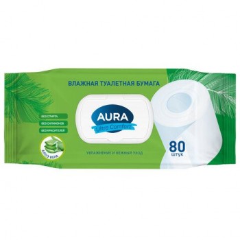 Бумага туалетная влажная 80 шт, AURA 3 шт. Ultra Comfort с пластиковым клапаном, ш/к 11078, 14055