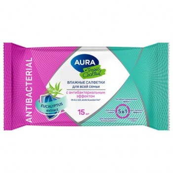 Салфетки влажные 15 шт, AURA 25 шт. Tropic Cocktail c антибактериальным эффектом, ш/к 93967, 10388