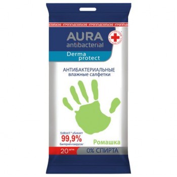 Салфетки влажные 20 шт, AURA 6 шт. антибактериальные, ш/к 21794, 10036