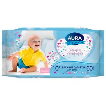 Салфетки влажные 60 шт, для детей, AURA 6 шт. Ultra Comfort, без спирта, ш/к 05152, 8106