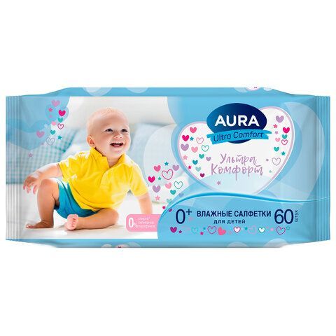 Салфетки влажные 60 шт, для детей, AURA 6 шт. Ultra Comfort, без спирта, ш/к 05152, 8106
