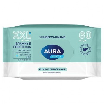 Полотенца влажные 60 шт, AURA Family универсальные, ш/к 60656, 14403
