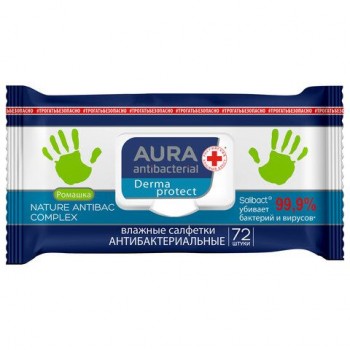 Салфетки влажные 72 шт, AURA антибактериальные, крышка клапан, ш/к 20681, 10037