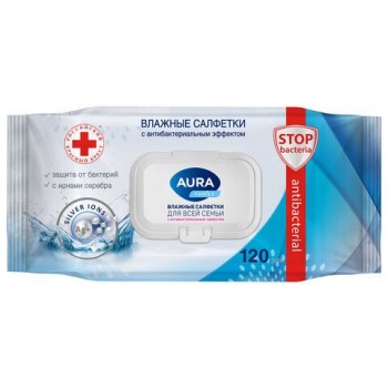 Салфетки влажные 120 шт, AURA 3 шт. Family антибактериальные, для всей семьи, крышка клапан, 14622