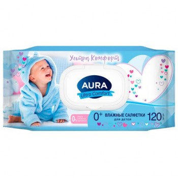 Салфетки влажные 120шт, для детей, AURA 3 шт. Ultra Comfort с алоэ и витамином Е, крышка кл, 14847