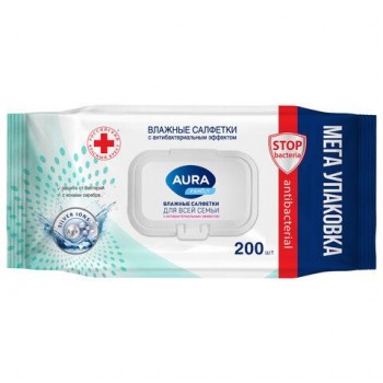 Салфетки влажные 200 шт, AURA Family антибактериальные, для всей семьи, крышка клапан, 10394