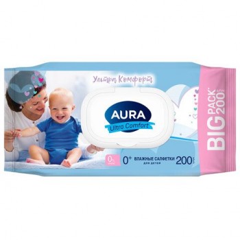 Салфетки влажные 200 шт, для детей, AURA Ultra Comfort, без спирта, крышка клапан, ш/, 8839