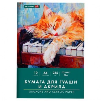 Бумага для гуаши и акрила А4 10л, 235 г/м2, 210х297мм, в папке, BRAUBERG ART 3 шт. CLASSIC, "Кот-музыкант", 117731