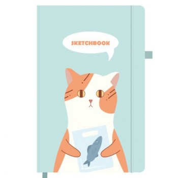 Скетчбук, слоновая кость 140г/м 130х210мм, 80л, софт-тач, резинка, наклейки, FUNSTER, "Котик с рыбкой", 117783