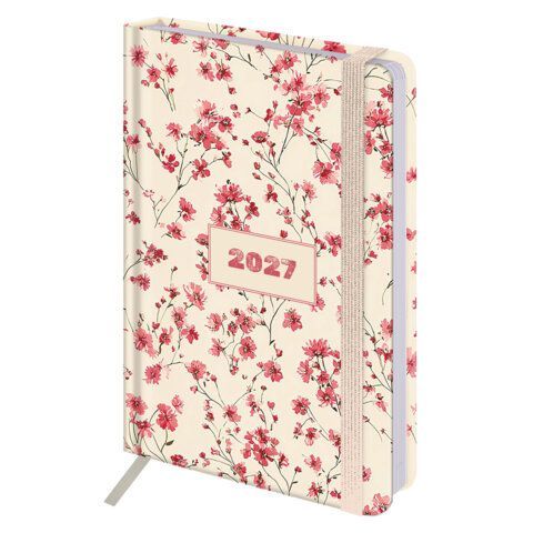 Ежедневник датированный 2027 с резинкой 145х203 мм, А5, BRAUBERG, твердый, "Flower pattern", 117831