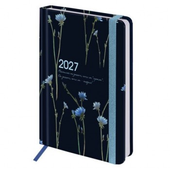 Ежедневник датированный 2027 с резинкой 145х203 мм, А5, BRAUBERG, твердый, "Васильки", 117835