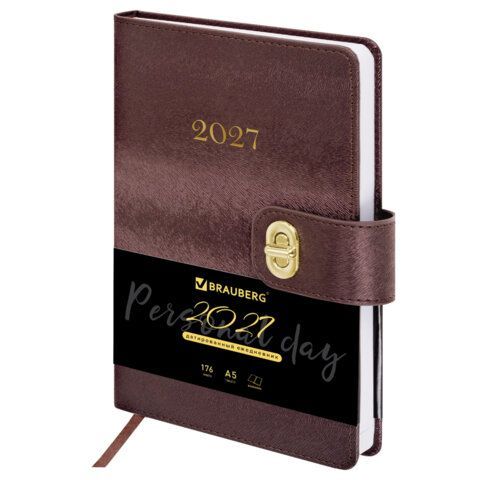 Ежедневник датированный 2027 А5 138х213мм BRAUBERG Elegant, под кожу, застежка, бордовый, 118013