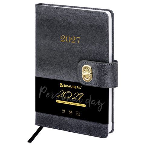 Ежедневник датированный 2027 А5 138х213мм BRAUBERG Elegant, под кожу, застежка, черный, 118016