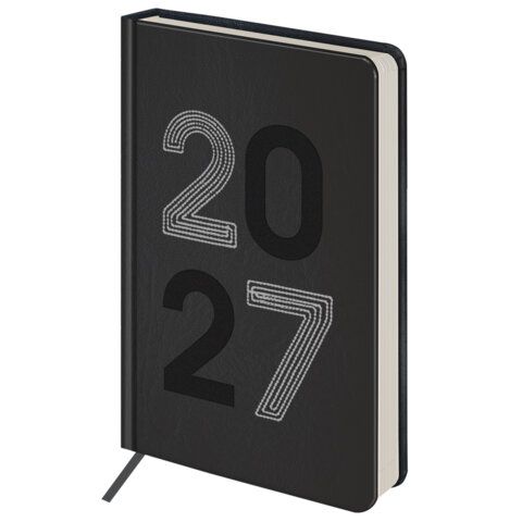 Ежедневник датированный 2027 А5 138х213 мм BRAUBERG Scripted, под кожу, вышивка, черный, 118025