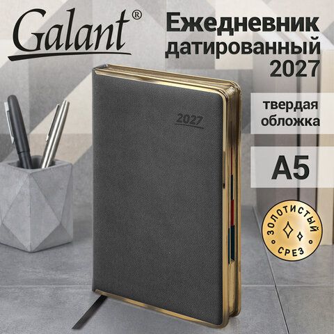 Ежедневник датированный 2027 А5 148х218 мм, GALANT "Infinity Gold", под кожу, серый, 118062