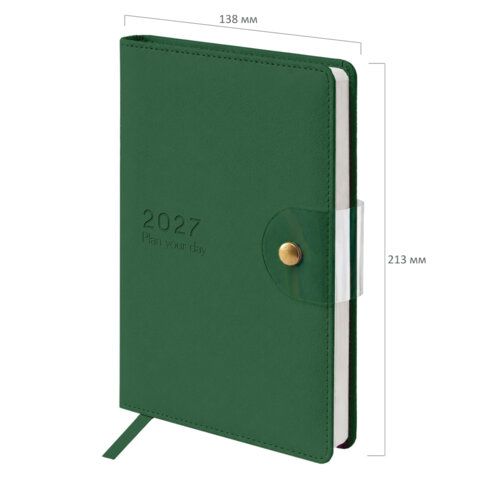 Ежедневник датированный 2027 А5 138х213 мм BRAUBERG Solana, под кожу, кнопка, зеленый, 118220