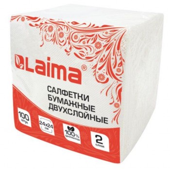 Салфетки бумажные 100 штук, 2-х слойные, 24х24 см., LAIMA 30 шт., белые, 100% целлюлоза, 118715