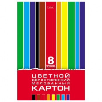 Картон цветной А4 2-сторонний МЕЛОВАННЫЙ, 8л. 8цв., в папке, HATBER, 195х280мм, Creat, 8Кц4_05934