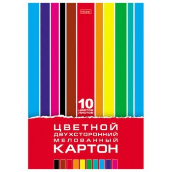 Картон цветной А4 2-сторонний МЕЛОВАННЫЙ, 10л. 10цв, в папке, HATBER, 195х280мм, Crea, 10Кц4_05934