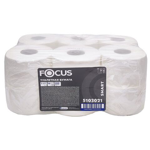 Бумага туалетная 200м, FOCUS SMART (Система Т2), 1-сл, белая, КОМПЛЕКТ 12 рулонов, 50204097