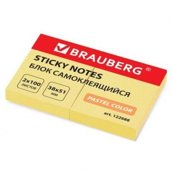 Блок самоклеящийся (стикеры) BRAUBERG 3 шт., ПАСТЕЛЬНЫЙ, 38х51 мм, 100 листов, КОМПЛЕКТ 2 штуки, желтый, 122688
