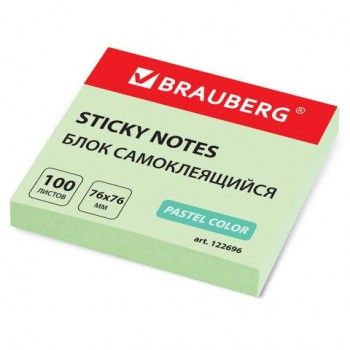 Блок самоклеящийся (стикеры) BRAUBERG 12 шт., ПАСТЕЛЬНЫЙ, 76х76 мм, 100 листов, зеленый, 122696