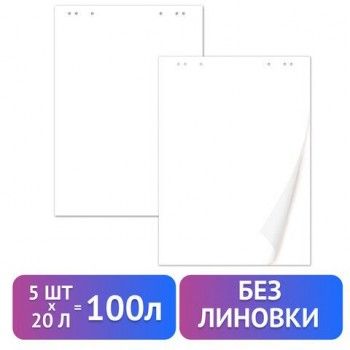 Блокноты для флипчарта ПЛОТНЫЕ 80 г/м2, BRAUBERG, КОМПЛЕКТ 5 штук, 20 листов, чистые, 67,5х98 см, 124098