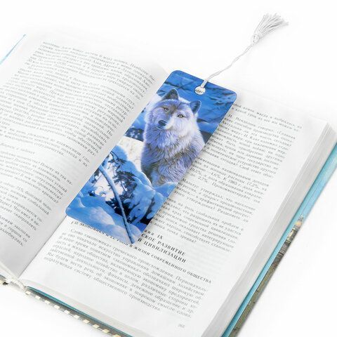 Закладка для книг 3D, BRAUBERG 6 шт., объемная, &quot;Белый волк&quot;, с декоративным шнурком-завязкой, 125752