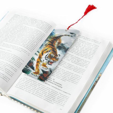 Закладка для книг 3D, BRAUBERG 6 шт., объемная, &quot;Бенгальский тигр&quot;, с декоративным шнурком-завязкой, 125755
