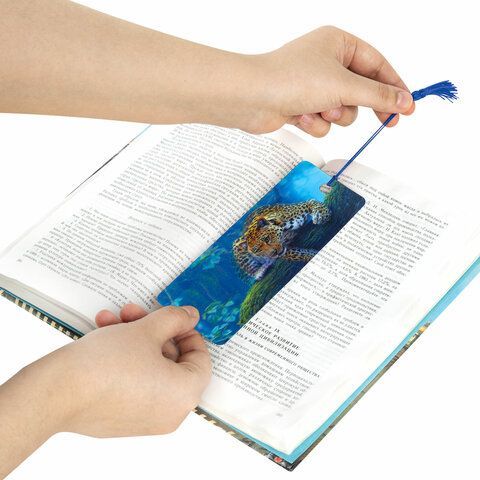 Закладка для книг 3D, BRAUBERG 6 шт., объемная, &quot;Леопард&quot;, с декоративным шнурком-завязкой, 125766