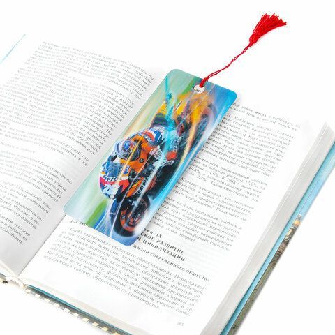 Закладка для книг 3D, BRAUBERG 6 шт., объемная, &quot;Мотогонки&quot;, с декоративным шнурком-завязкой, 125769