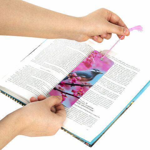 Закладка для книг 3D, BRAUBERG 6 шт., объемная, "Птичка на ветке", с декоративным шнурком-завязкой, 125773