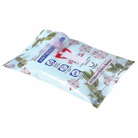Салфетки влажные 15 шт., АНТИБАКТЕРИАЛЬНЫЕ, с экстрактом хлопка, LAIMA 5 шт. &quot;Antibacterial&quot;, 125957