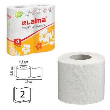 Бумага туалетная бытовая, спайка 4 шт., 2-х слойная, (4х19 м), LAIMA 4 шт., белая, 126904