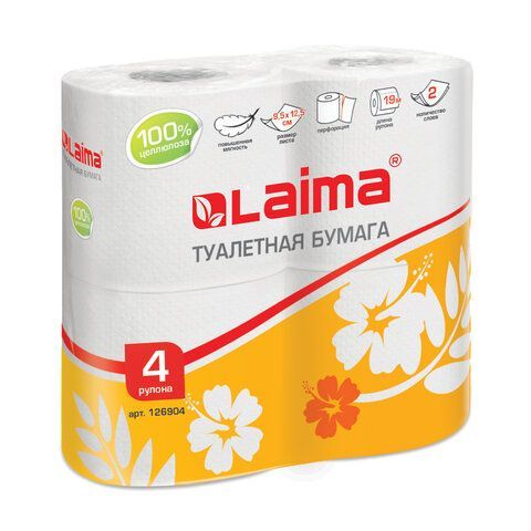 Бумага туалетная бытовая, спайка 4 шт., 2-х слойная, (4х19 м), LAIMA 4 шт., белая, 126904