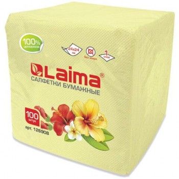 Салфетки бумажные 100 штук, 24х24 см, LAIMA 5 шт., жёлтые (пастельный цвет), 100% целлюлоза, 126908