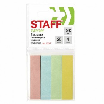 Закладки клейкие пастельные STAFF 10 шт. бумажные, 50х12 мм, 100 штук (4 цвета х 25 листов), европодвес, 127147