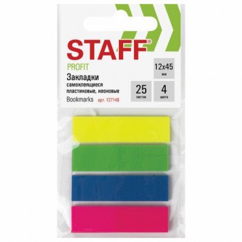 Закладки клейкие неоновые STAFF 6 шт., 45х12 мм, 100 штук (4 цвета х 25 листов), европодвес, 127148