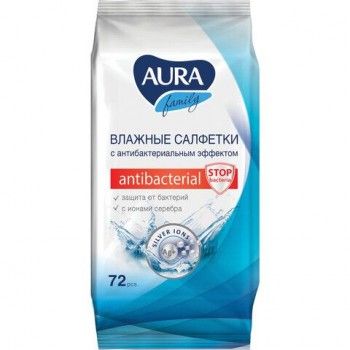 Салфетки влажные, 72 шт., AURA 2 шт. "Family", антибактериальные, для всей семьи, 26065, 7044