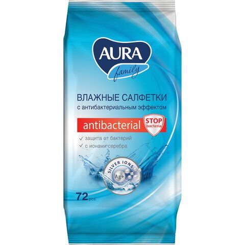 Салфетки влажные, 72 шт., AURA 2 шт. &quot;Family&quot;, антибактериальные, для всей семьи, 26065, 7044
