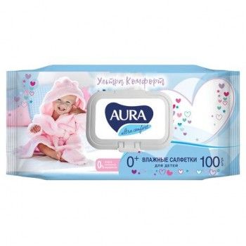 Салфетки влажные КОМПЛЕКТ 100 шт., для детей AURA 2 шт. "Ultra comfort", гипоаллергенные, без спирта, крышка-клапан, 6486