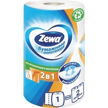 Полотенце бумажное бытовое 2-х слойное, 1 рулон (1х30 м), белое, ZEWA 2 шт. "2 в 1", 144111