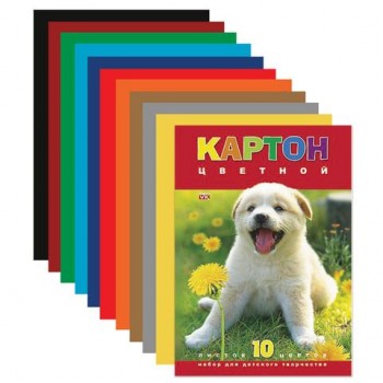 Картон цветной А4 МЕЛОВАННЫЙ, 10 листов 10 цветов, в папке, HATBER 4 шт. VK, 195х290 мм, "Белый щенок", 10Кц4 03414, N217276