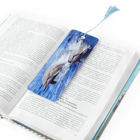 Закладка для книг с линейкой, 3D-объемная, BRAUBERG 6 шт. &quot;Дельфины&quot;, с декоративным шнурком, 128094