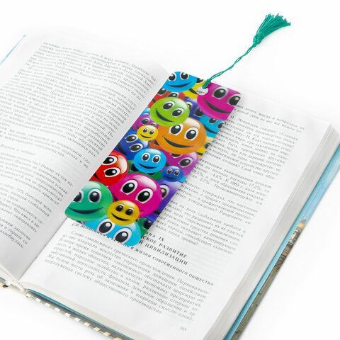 Закладка для книг с линейкой, 3D-объемная, BRAUBERG 6 шт. &quot;Смайлики&quot;, с декоративным шнурком, 128096