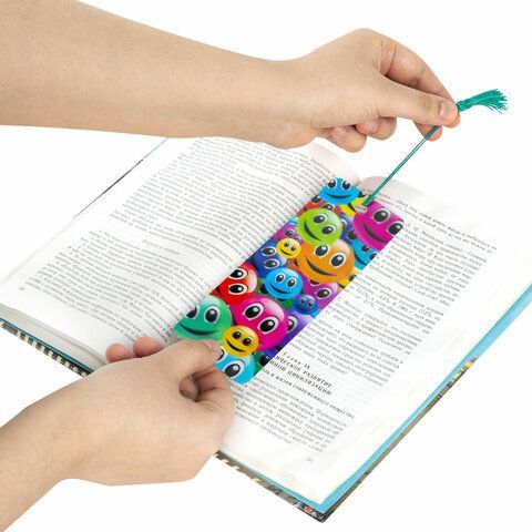 Закладка для книг с линейкой, 3D-объемная, BRAUBERG 6 шт. &quot;Смайлики&quot;, с декоративным шнурком, 128096