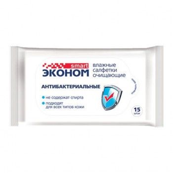 Салфетки влажные, 15 шт., SMART ЭКОНОМ 12 шт., антибактериальные, 30026
